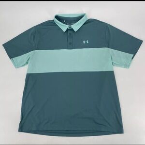 Under Armour Polo Shirt Mens XL Golf Teal Blue Striped‎ Performance Short Sleeve